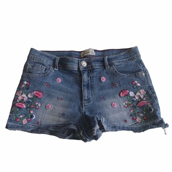 Jordache Floral Embroidered Distressed Hem Boho Denim Jean Shorts Girls Sz 16 - Picture 1 of 13